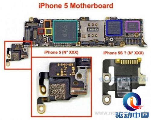 iPhone 5主机板和间谍照「5S」主机板的比较。 (图：Nowhereelse)