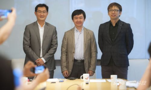 搜狐公司及搜狗公司今天与腾讯共同宣布达成战略合作，图片左起为马化腾、王小川、张朝阳