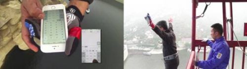 说明: F:\工作\趋势新洲\The Gadget Show\节目视频、图片\《一键启动》第四集视频截图\【12月27日稿件】另类测试,GalaxyNote3单挑Iphone5s(配图)\图3:青龙峡两次蹦极测试手机信息输入功能.jpg