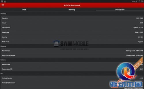 三星GALAXY Tab S安兔兔配置界面