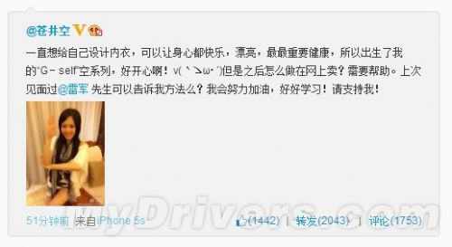 苍井空:雷军先生 请教我怎么卖内衣