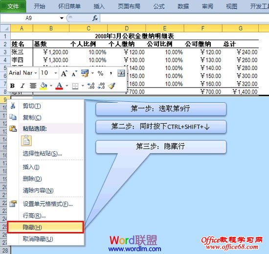 Excel2010隐藏行和列单元格方法