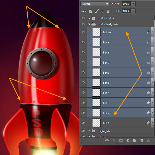 制作精致红色卡通小火箭图片的PS教程
