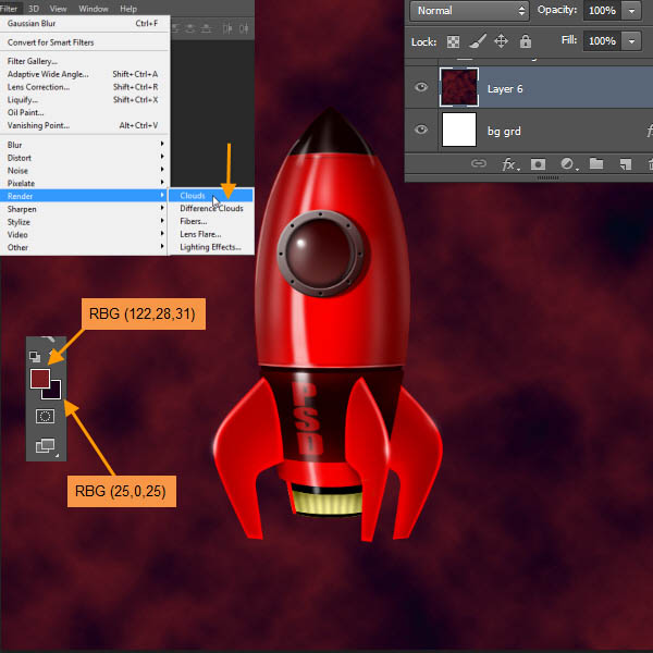 制作精致红色卡通小火箭图片的PS教程