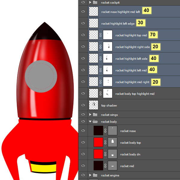制作精致红色卡通小火箭图片的PS教程