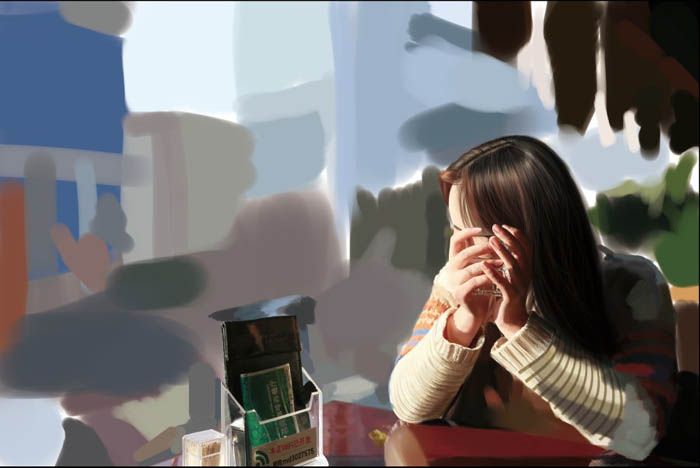 PS鼠绘坐在餐厅等候的逼真美女图片