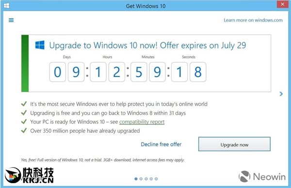 Win7/8.1 GWX加入免费升级倒计时:快升Win10