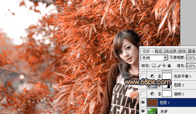 如何PS制作橙红色竹林背景女孩图片