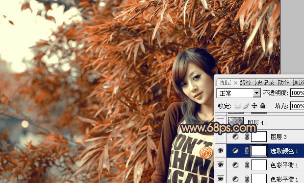 如何PS制作橙红色竹林背景女孩图片