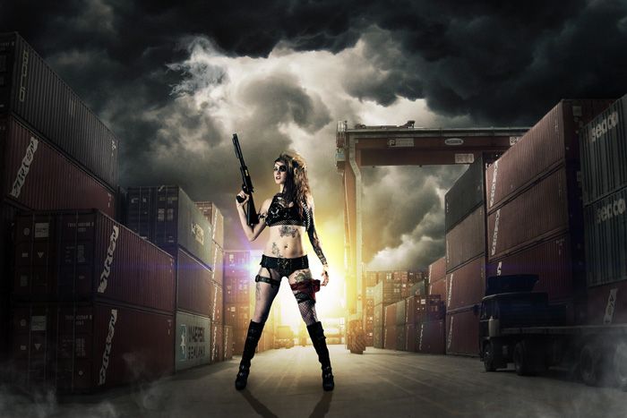 用PS合成货运码头场景中的超酷女战士