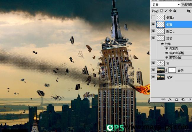 合成天外陨石撞击大楼爆炸图片的PS教程