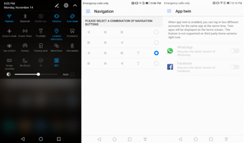 说明: EMUI's new notification shade is now one single page (left); you can swap the order of navigation buttons (middle); cool new App Twin feature let you install a second version of an app, allowing for one to have two Whatsapp accounts, for example. 
