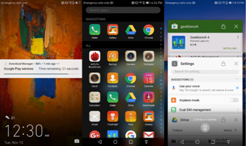 说明: The Mate 9 comes with Android 7.0, and with it comes improved lockscreen notification cards (left); the Mate 9 also offers an app drawer (middle); app overview is now vertically-stacked. 