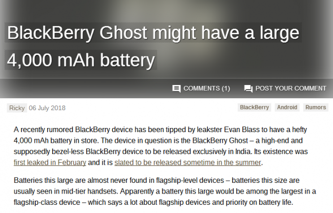 黑莓Ghost手机曝光 超窄边框全面屏+内置4000mAh电池(图1)