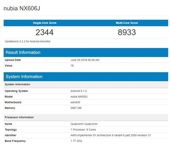 努比亚Z18 亮相跑分网站 疑似加持骁龙845处理器(图1)