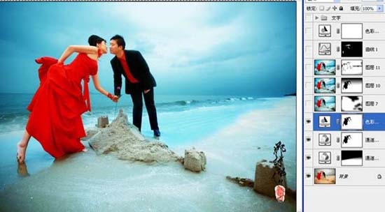 Photoshop打造漂亮的蓝红海景婚片_www.knowsky.com