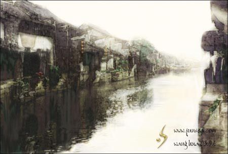 Photoshop把江南水乡变淡彩水墨画