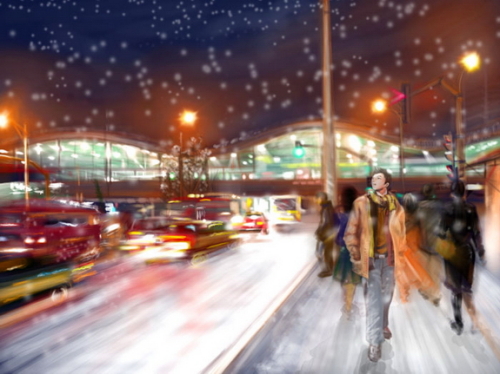 Photoshop结合友基数位板手绘白雪夜街景