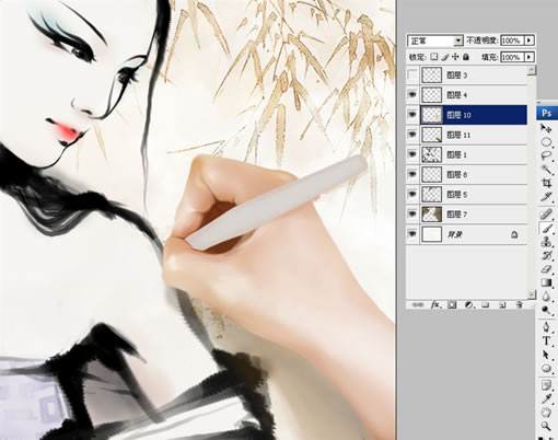 Photoshop中手绘水墨风格美女