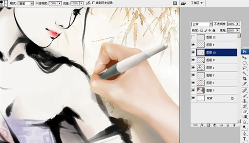 Photoshop中手绘水墨风格美女