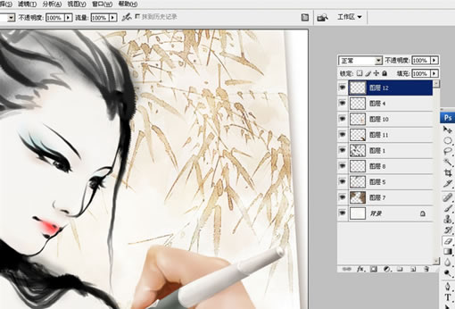 Photoshop中手绘水墨风格美女