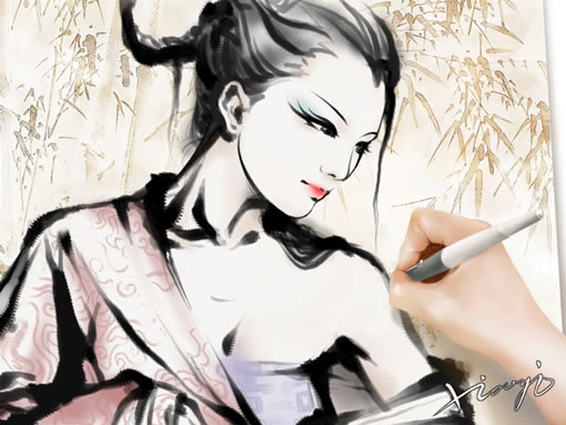 Photoshop中手绘水墨风格美女_ 驱动中国