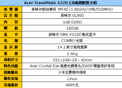 专业防震设计160G硬盘Acer4320仅4699