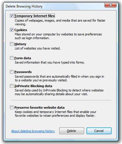 IE8 Delete Browsing History Settings