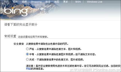 Bing支持Safe Search分级