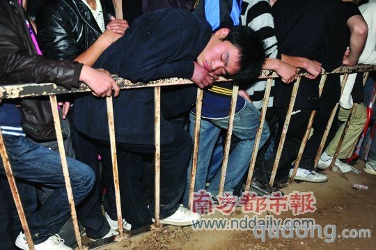 等了一夜的求职者疲惫不堪，趴在护栏上睡着了。