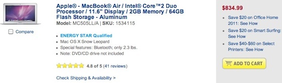 A new 2010 11.6-inch MacBook Air listed for $834.99 at Best Buy on Saturday. 