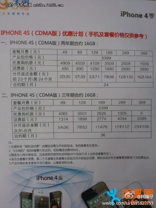 电信iPhone4S宣传单曝光  最终售价敲定