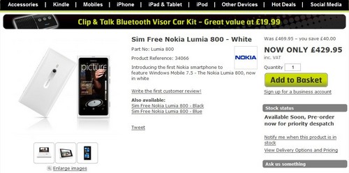 白色解锁版诺基亚Lumia 800开始接受约定 售价429.95英镑 