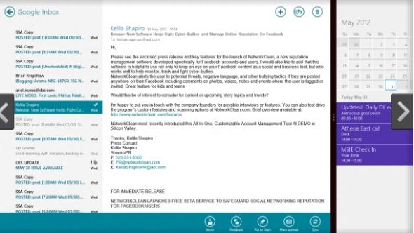 图注六：分隔屏幕来让两个应用同时运行并非Windows 8发行预览版推出的新特性，但与以往相比，这个版本中这种功能的表现要好得多。