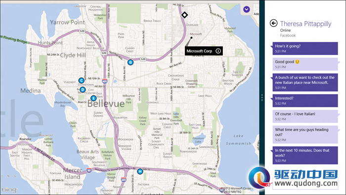 华盛顿州 Bellevue 市的地图,展示 Microsoft Corp 的位置,占据了 3/4 个屏幕;另一个消息对话则占据了右侧的 1/4 个屏幕