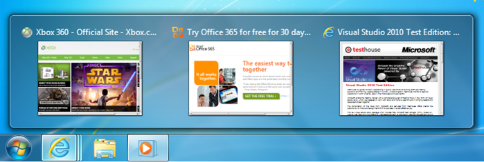 “开始”按钮，以及任务栏上的 IE、Windows 资源管理器和 Windows Media Player。任务栏上方显示了 3 个 IE 的实例（悬停时激活）