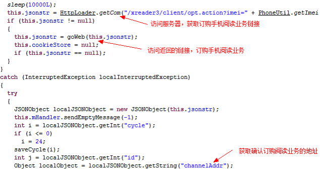 Andriod.Troj.FakeSysApp.a病毒订购阅读业务的部分代码