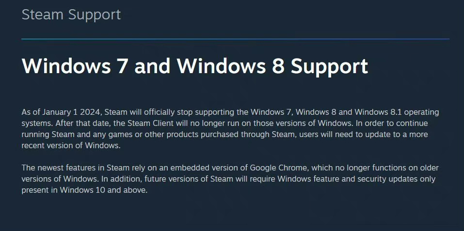 Steam客户端自明年起不再支持微软Win7/8/8.1系统