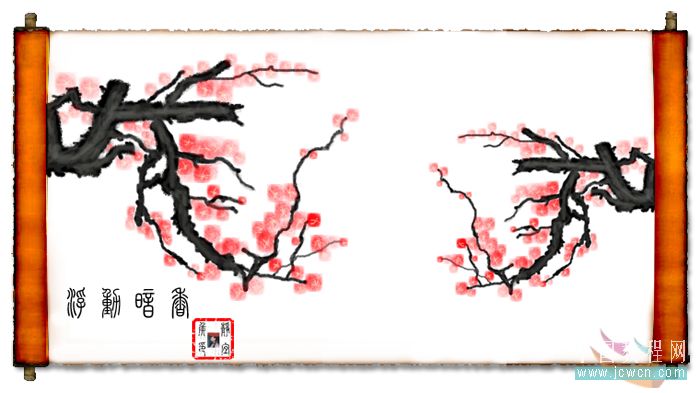 Photoshop手绘教程：绘制水墨梅花入卷轴效果(1)