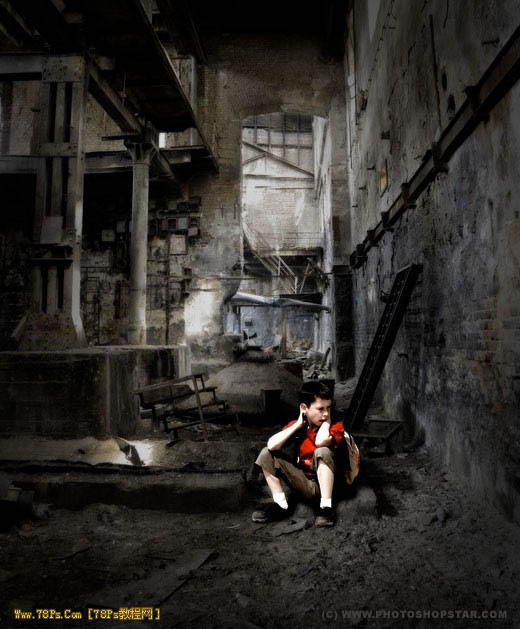 Photoshop合成废墟中的小男孩场景