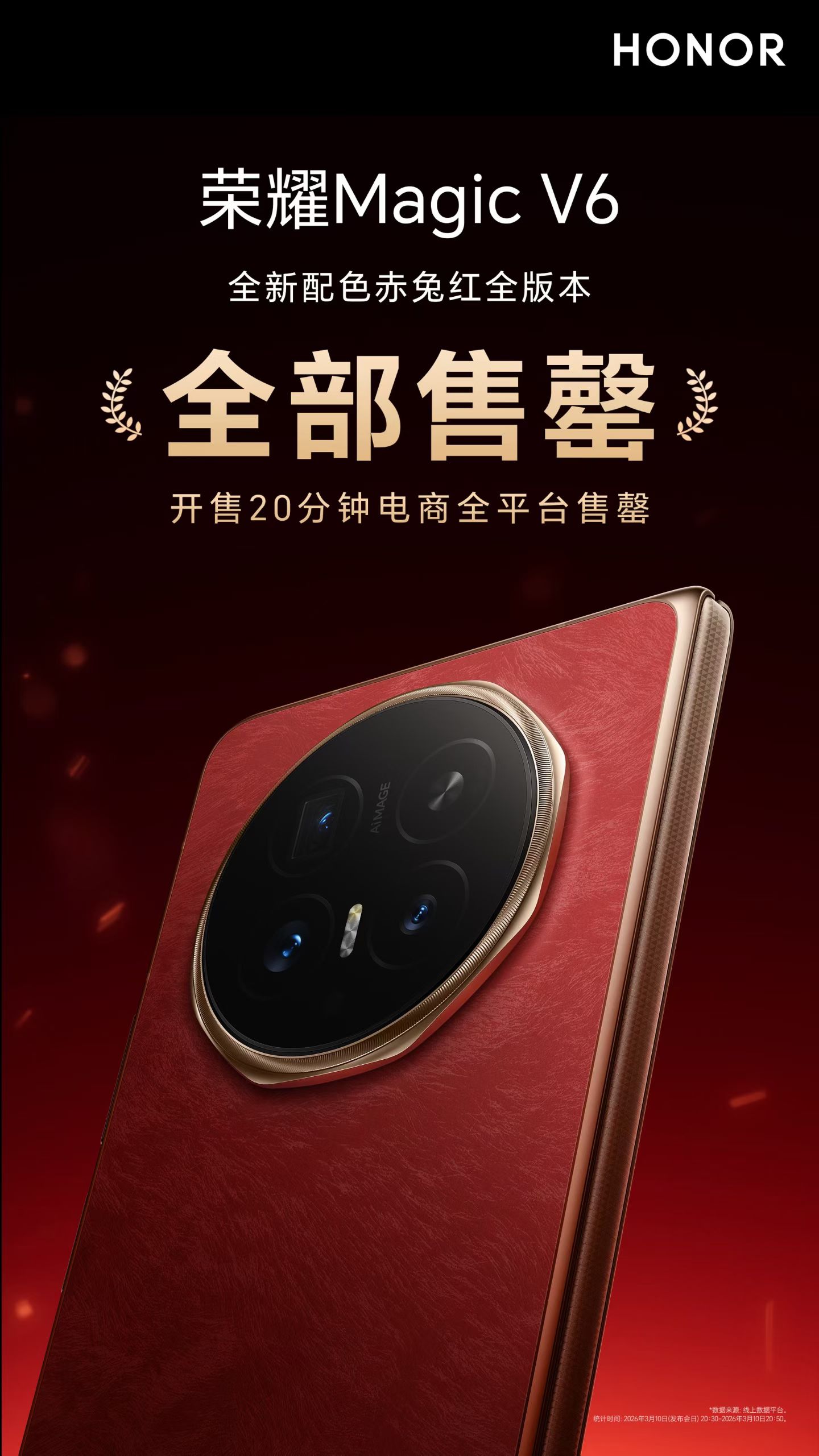 荣耀 Magic V6 赤兔红首销告捷！开售 20 分钟全平台售罄