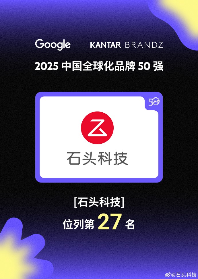 石头科技全球影响力持续攀升 再度入选《Google x Kantar BrandZ 中国全球化品牌 2025 》50强榜单