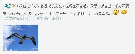 “微博女王”姚晨粉丝首破千万