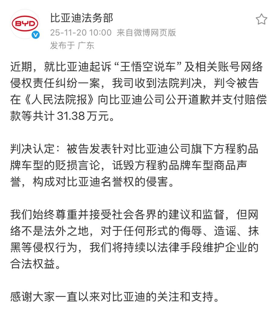 “王悟空说车”侵权比亚迪案判决，支付赔偿款等共计 31.38 万元