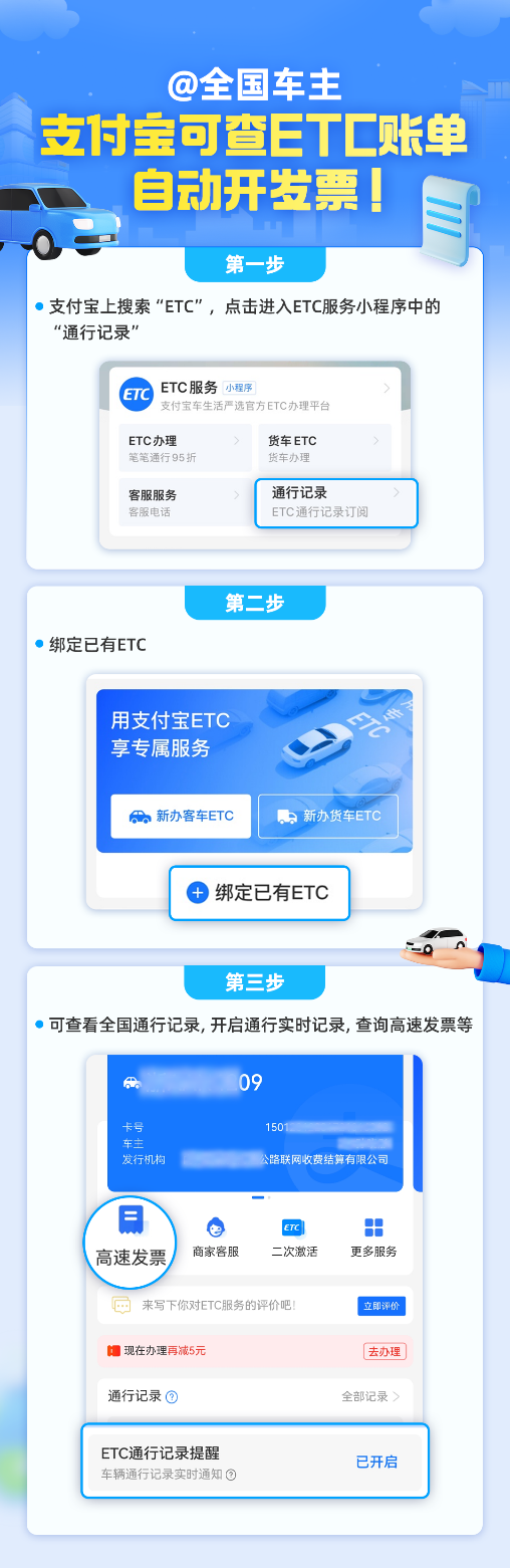 支付宝上线ETC账单查询功能，支持自动开发票